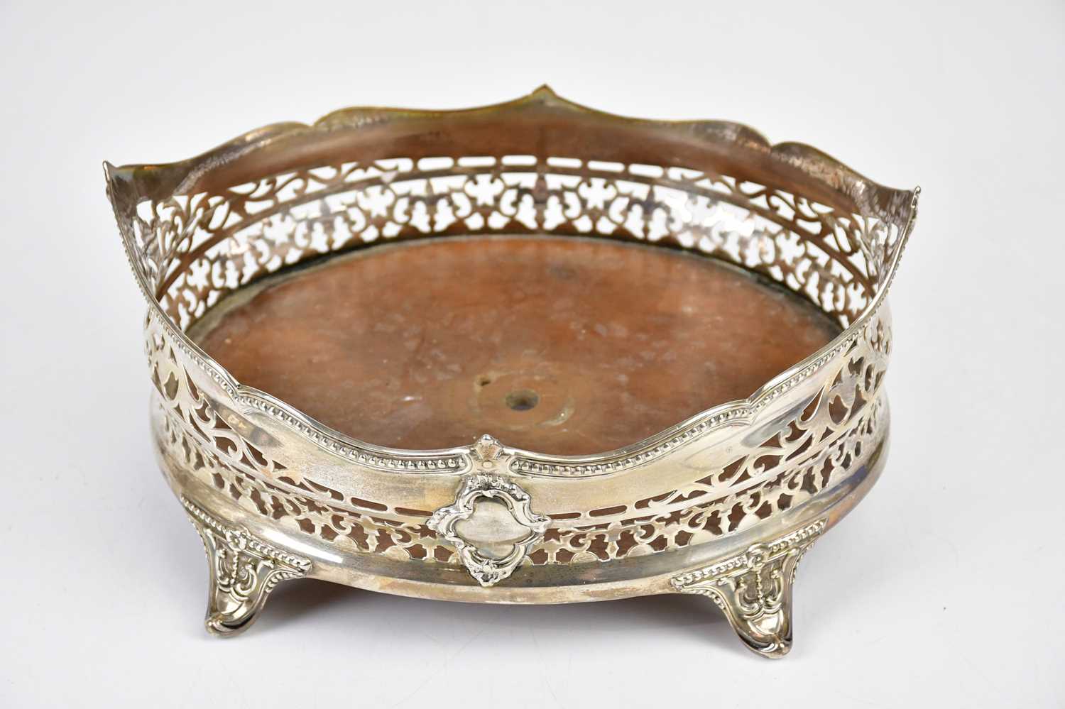 A Victorian hallmarked silver oval condiment stand, with pierced border, on scrolling legs, - Image 2 of 4