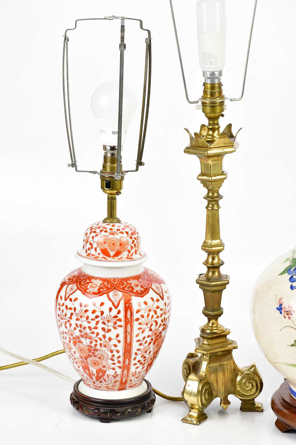 Four decorative table lamps including a brass example, crackle glazed example, etc, height of - Image 2 of 3