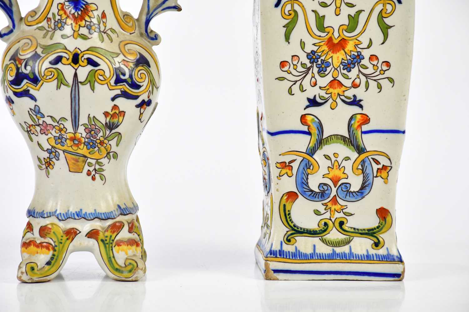 ROUEN; a pair of French faiance ware vases with moulded and painted floral detail, height 21cm, - Image 4 of 6