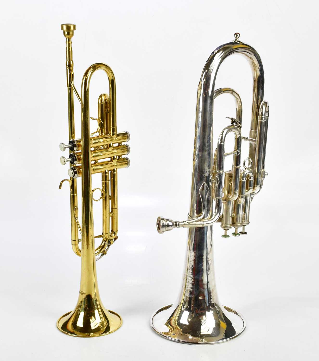 BESSON & CO; a silver plated 'Prototype' class A tenor horn, boxed with mouthpiece, also a modern