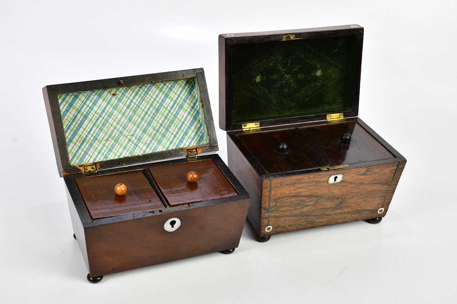 A 19th century rosewood sarcophagus shaped tea caddy with mother of pearl inlay, together with an - Image 2 of 2