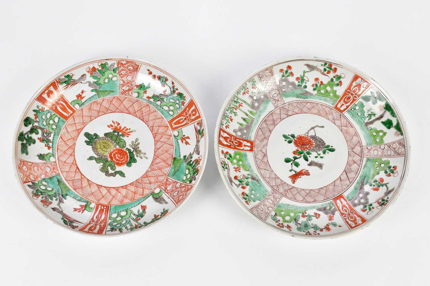 Two 19th century Chinese Famille Verte Wucai plates, each decorated with floral sprays within - Image 2 of 9