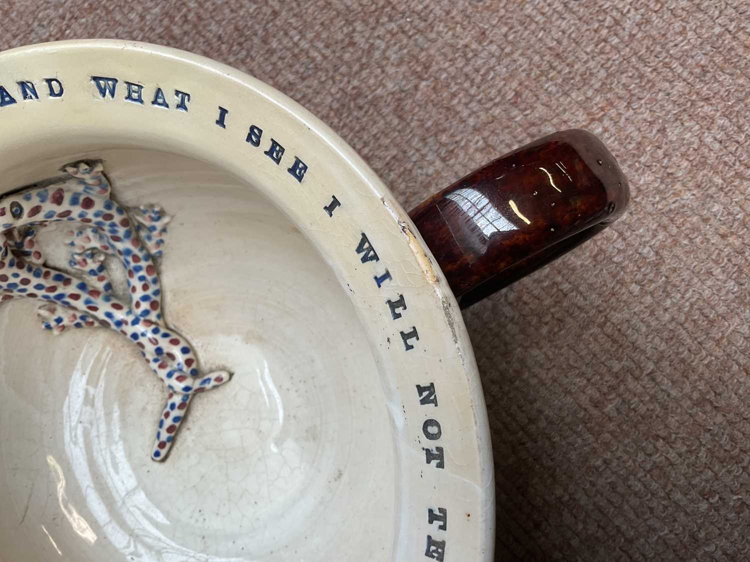 BARGEWARE; a chamber pot, inscribed 'Pick me up, use me well and what I see I will not tell, Jonas - Image 7 of 8