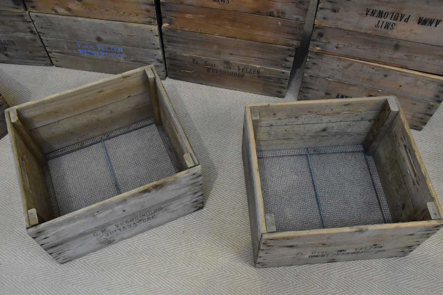 A collection of twenty rustic pine crates, some bearing the name 'Anthh Krat', height 27cm, depth - Bild 5 aus 5