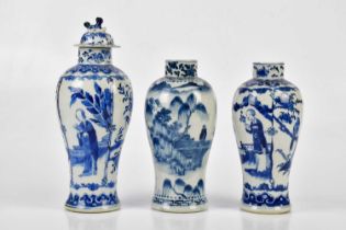 A late 19th century Chinese blue and white vase, decorated with figures and birds within