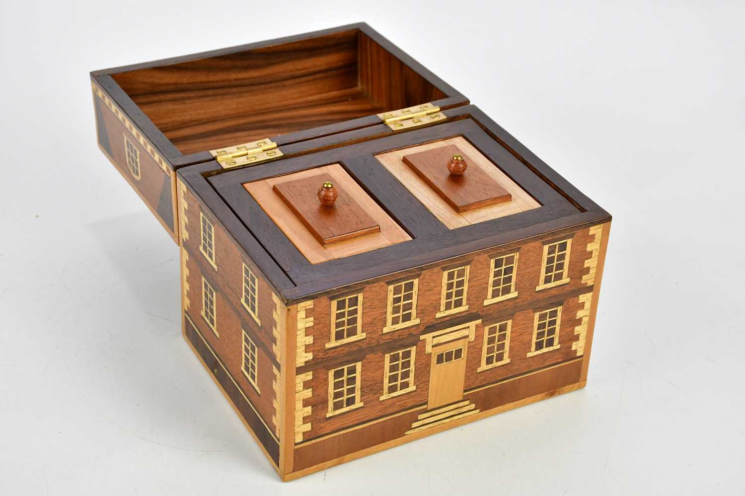 A modern inlaid fruitwood tea caddy formed as a Georgian house, the hinged cover enclosing two - Image 3 of 4