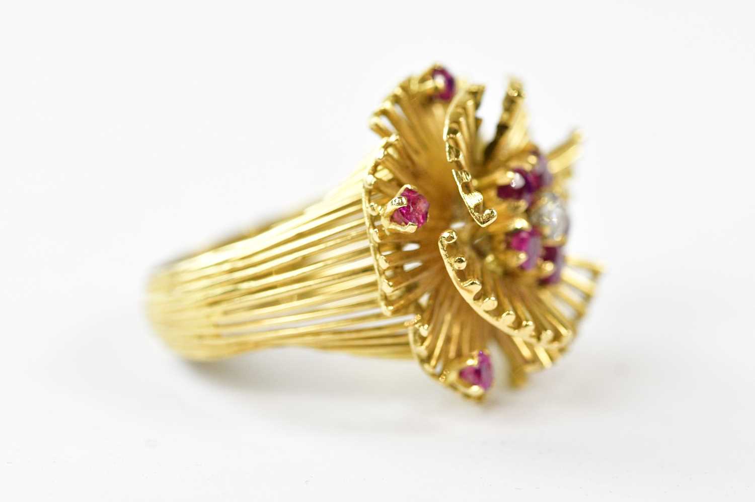 A large 18ct yellow gold floral cluster ring set with central diamond surrounded by rubies, size - Image 2 of 4