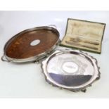 An electroplated twin handled tray, together with a further electroplated salver inscribed 'J.D.H