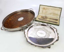 An electroplated twin handled tray, together with a further electroplated salver inscribed 'J.D.H