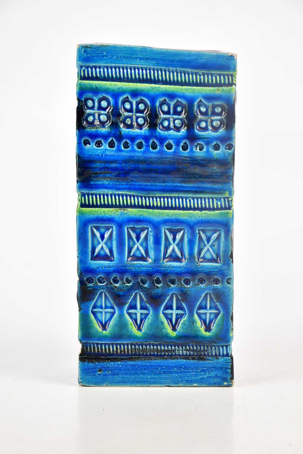 BITOSSI; an oblong vase, decorated with geometric motifs with a blue ground, height 18cm.