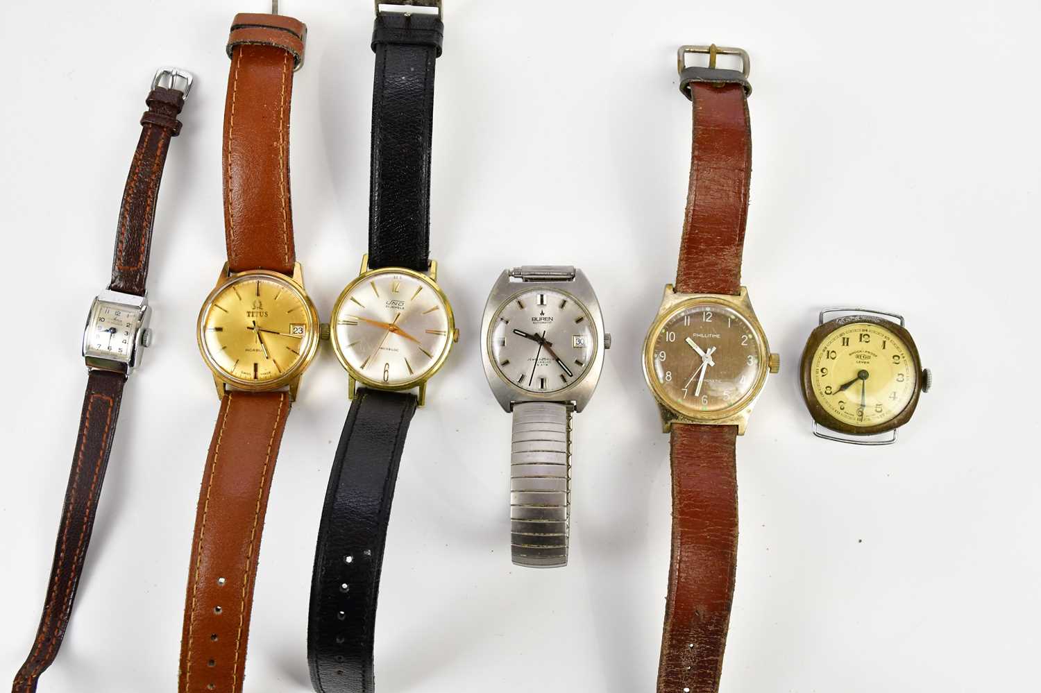 A small collection of gentleman's wristwatches to include Buren, Uno, Phillitime, Titus and Rego.