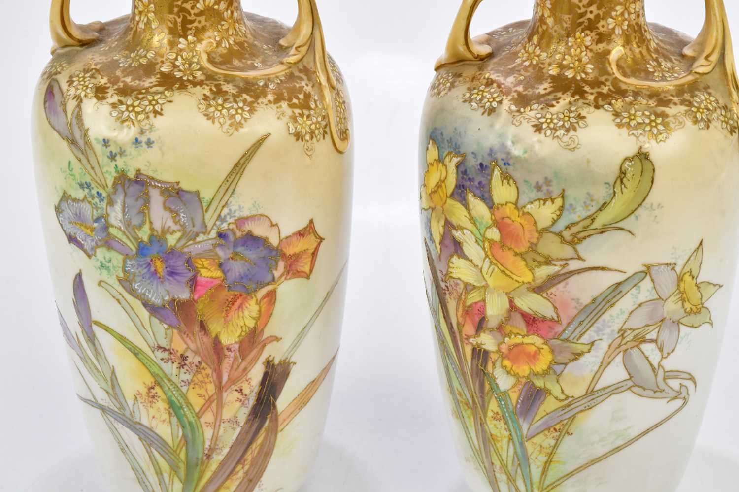 DOULTON BURSLEM; a pair of twin handled vases with wavy rims, each with hand-painted floral - Image 5 of 5