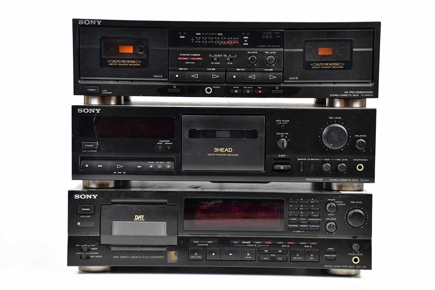 SONY; three stacker units comprising a HX PRO stereo cassette deck, TC-WR570, a stereo cassette deck