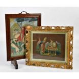 An oak needlework firescreen, height 53cm, together with a needlework of a cat and parrot in