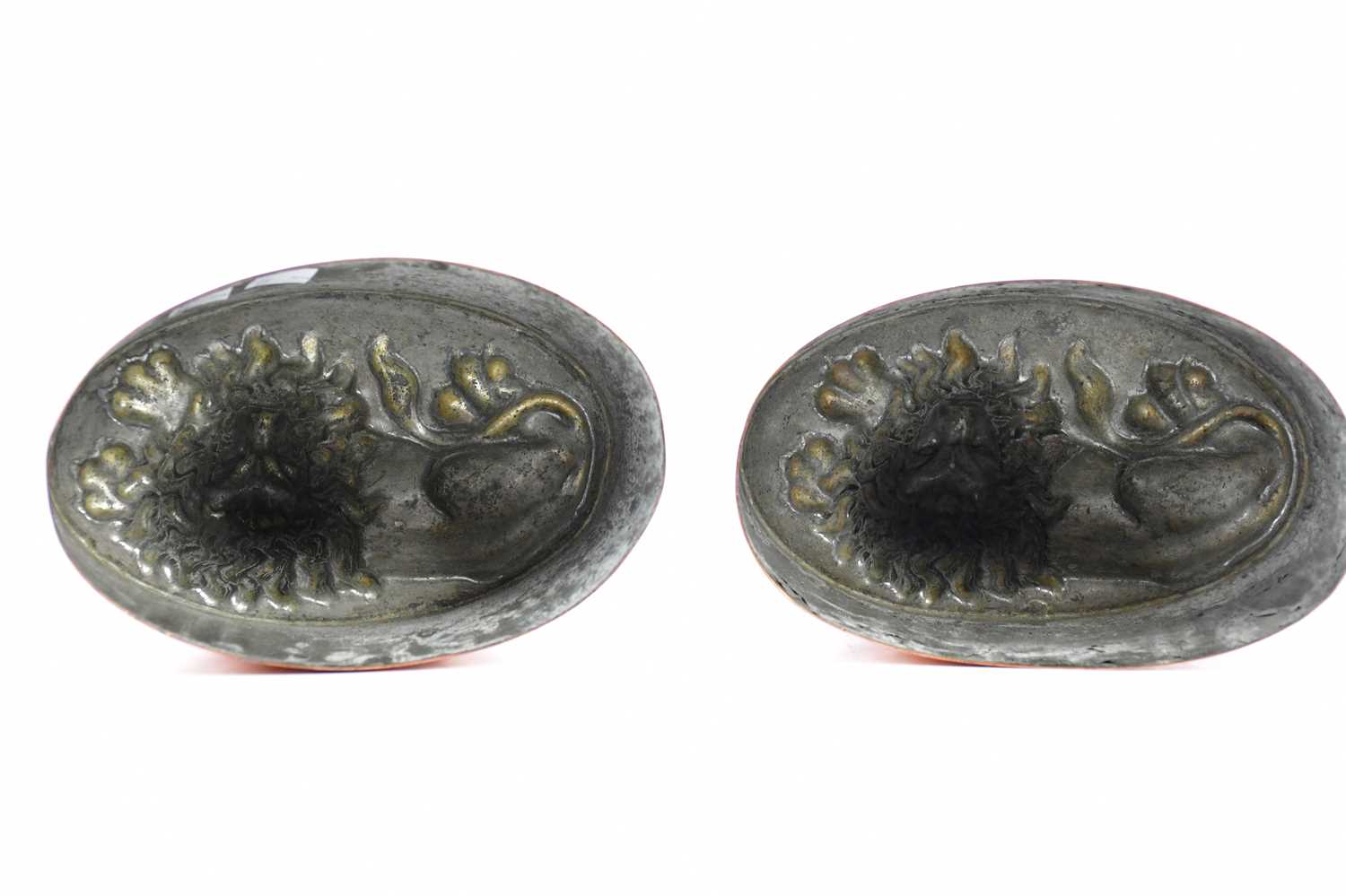 BENHAM & FROUD; a pair of 19th century copper jelly moulds of oval form, topped with recumbent - Image 9 of 9