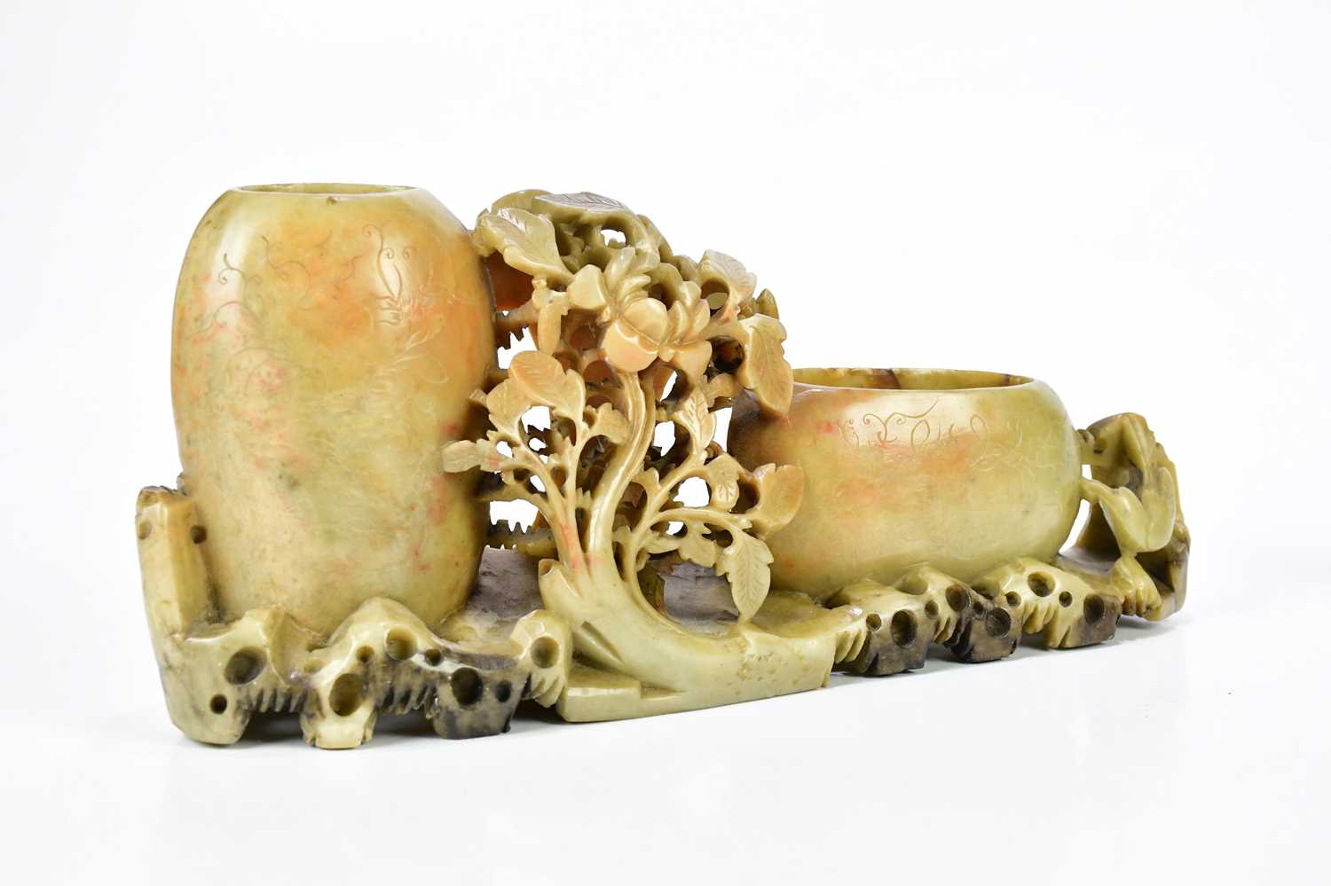 Two Chinese carved soapstone sculptures, with oval shaped vases and floral decoration, length - Image 2 of 3