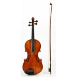 A full size German violin with two-piece burr maple back length 36cm, labelled 'Manufactured in