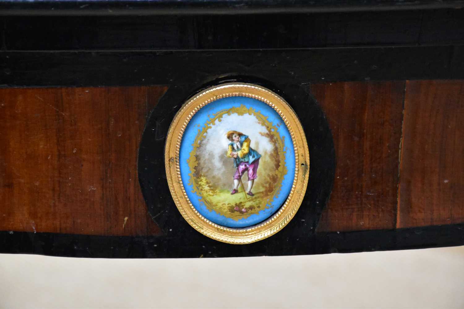 A 19th century ebonised and rosewood gilt metal mounted fold-over games table, with porcelain oval - Image 2 of 4