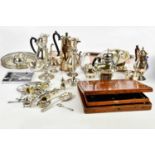 A collection of plated items including a tea service, a canteen of flatware, a tray, etc.