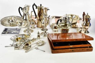 A collection of plated items including a tea service, a canteen of flatware, a tray, etc.