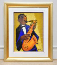 MARSHA HAMMEL; oil on gesso, 'In The Groove - 1937 Sax', signed, 60 x 44cm, framed and glazed.