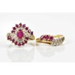 Two 9ct yellow gold simulated ruby dress rings, size K and H, approx combined weight 5.5g.