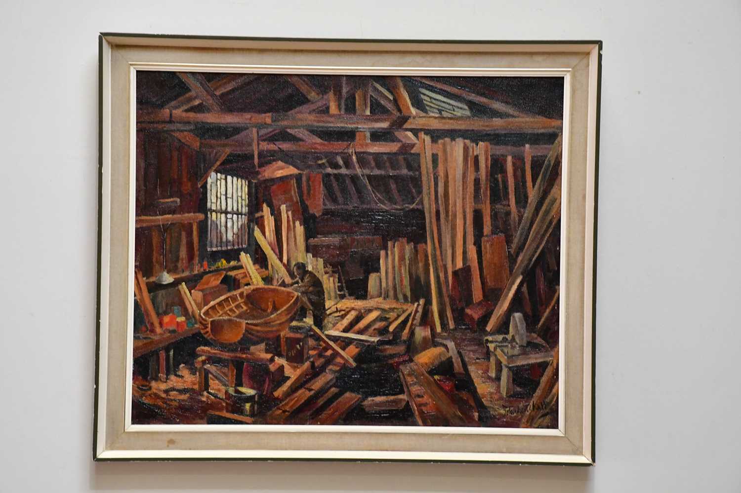 † JOHN HENSHALL; oil on canvas, interior workshop scene, signed, 62 x 77cm, framed.