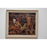 † JOHN HENSHALL; oil on canvas, interior workshop scene, signed, 62 x 77cm, framed.