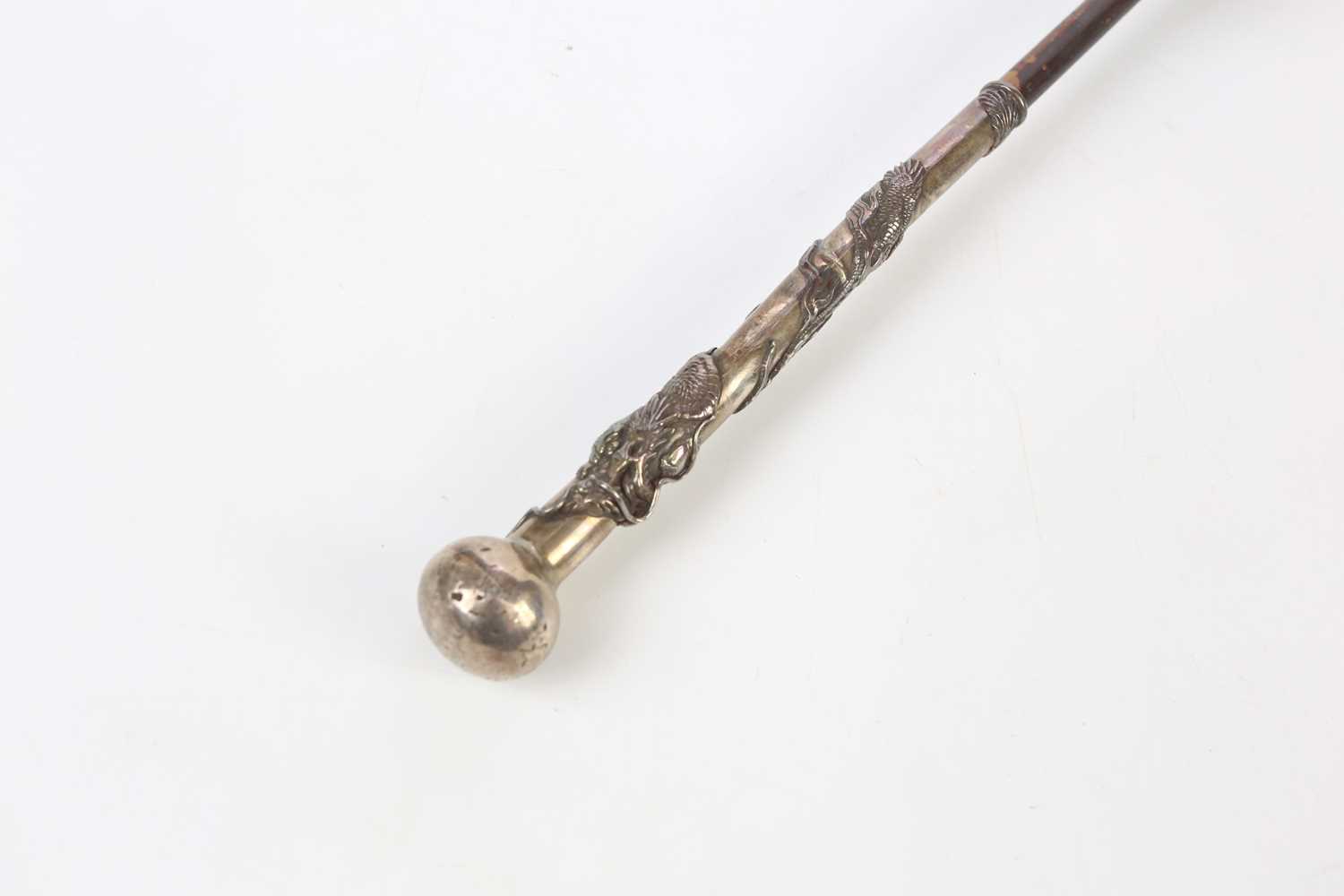 A Chinese sterling silver handled parasol with bamboo cane, the silver mount decorated with a - Image 2 of 9