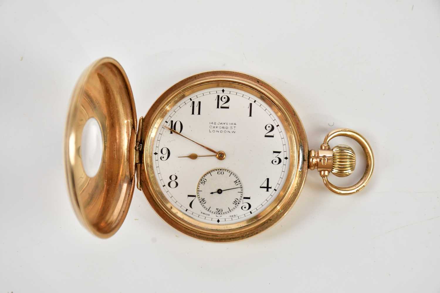 A 9ct gold crown wind half hunter pocket watch, the enamel dial signed '142 J Jays 144 Oxford Street
