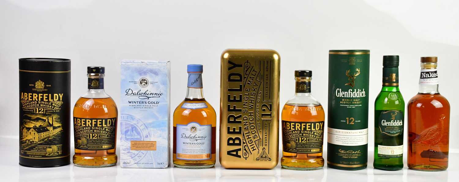 WHISKY; five bottles including a bottle of Aberfeldy Highland Single Malt Scotch whisky, 12 years in