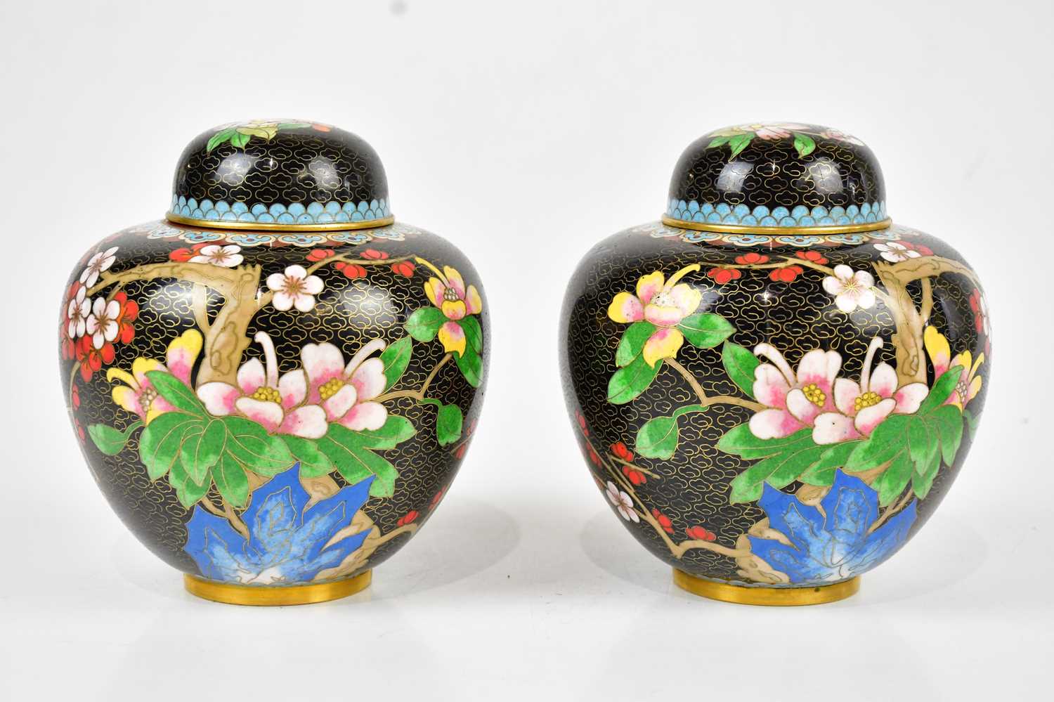A pair of 20th century Chinese cloisonné ginger jars and covers, with prunus decoration, on wooden - Image 3 of 8
