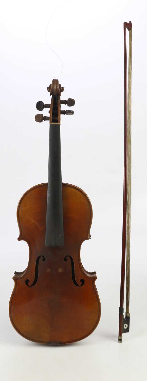 A full size French violin, Vuillaume copy with two-piece back length 36cm, with label 'Copie d'apres