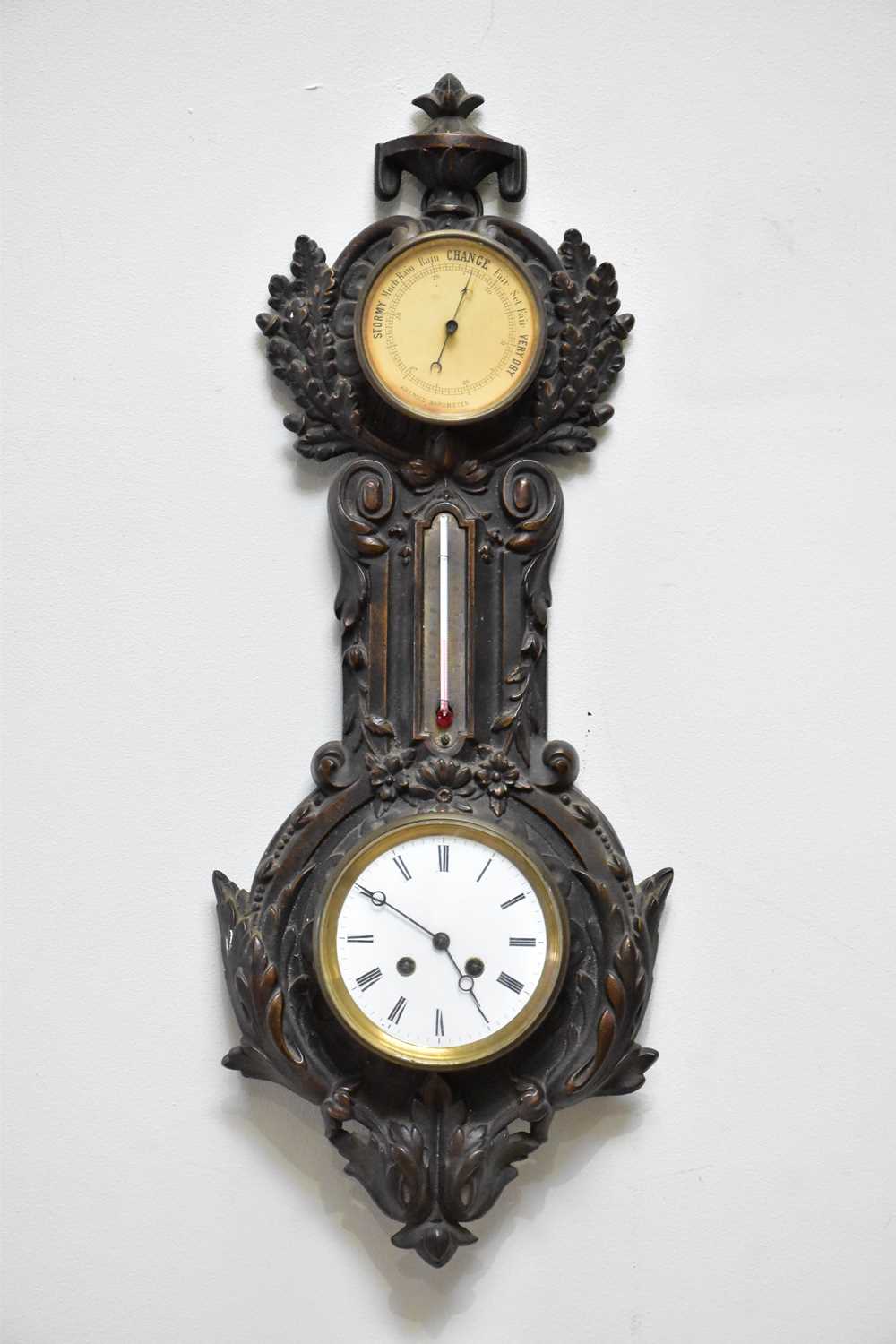 A Victorian cast bronzed metal combination clock, barometer and thermometer, length 65cmn, with a - Image 2 of 11