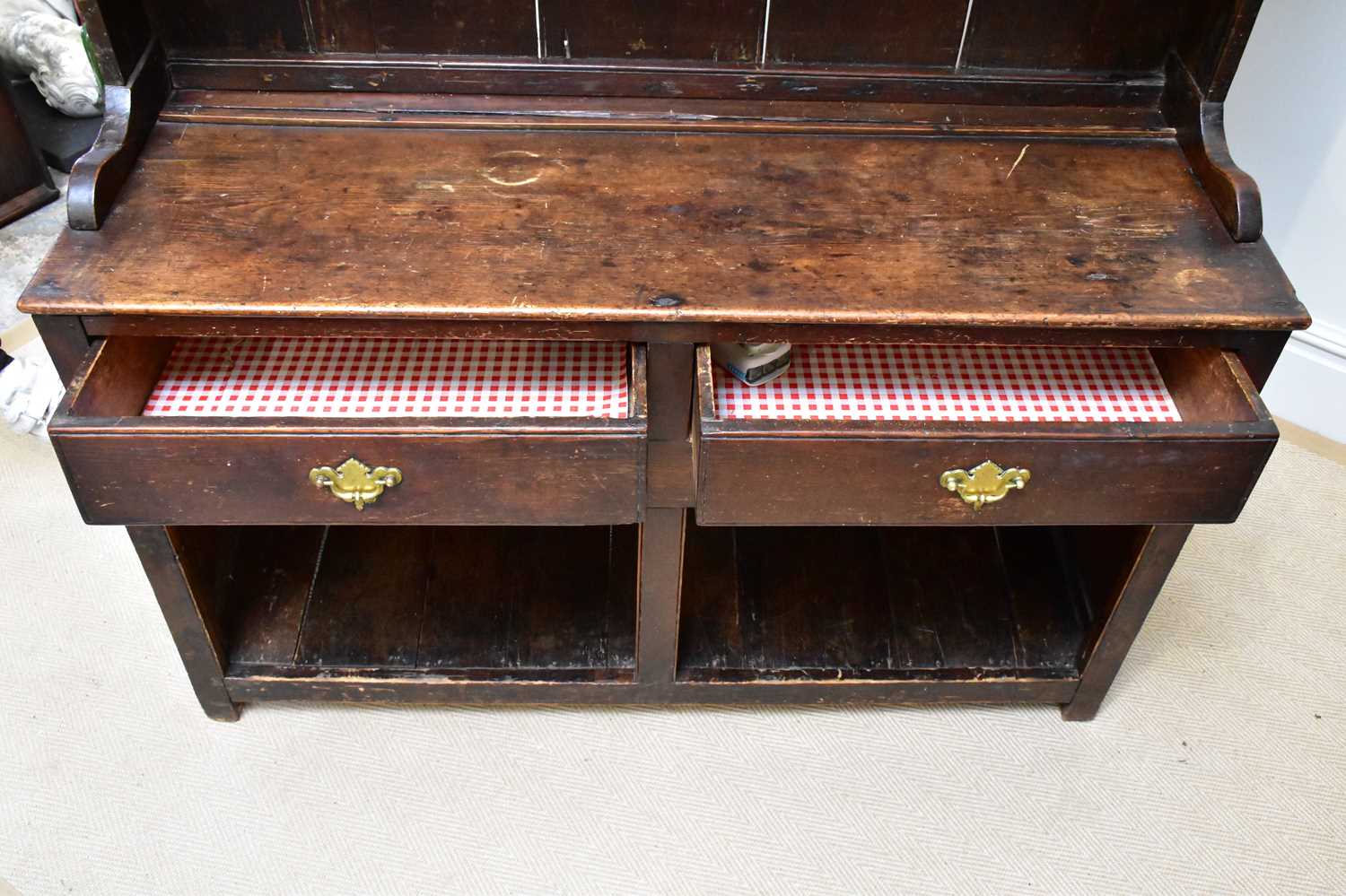 A George III oak dresser, with plate rack above two drawers and two alcoves, height 192cm, width - Image 2 of 4