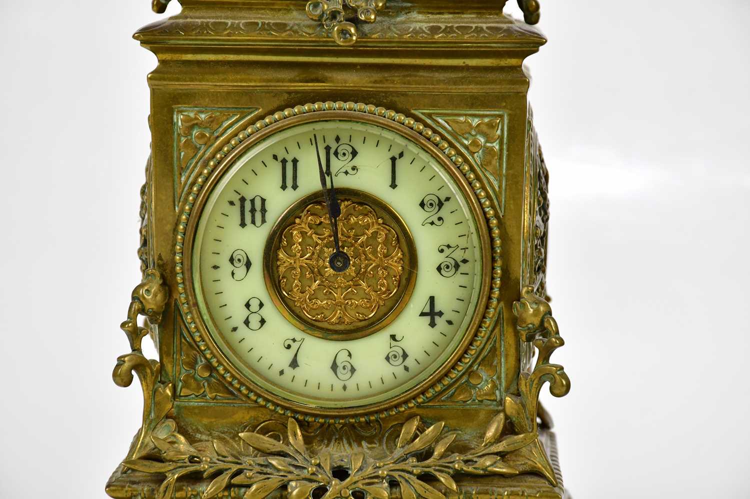 A reproduction brass lantern type mantel clock, with burnt finial above the silvered chapter ring, - Image 2 of 3