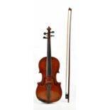 A three-quarter size German violin with two-piece back length 33.5cm, unlabelled, cased with a bow.