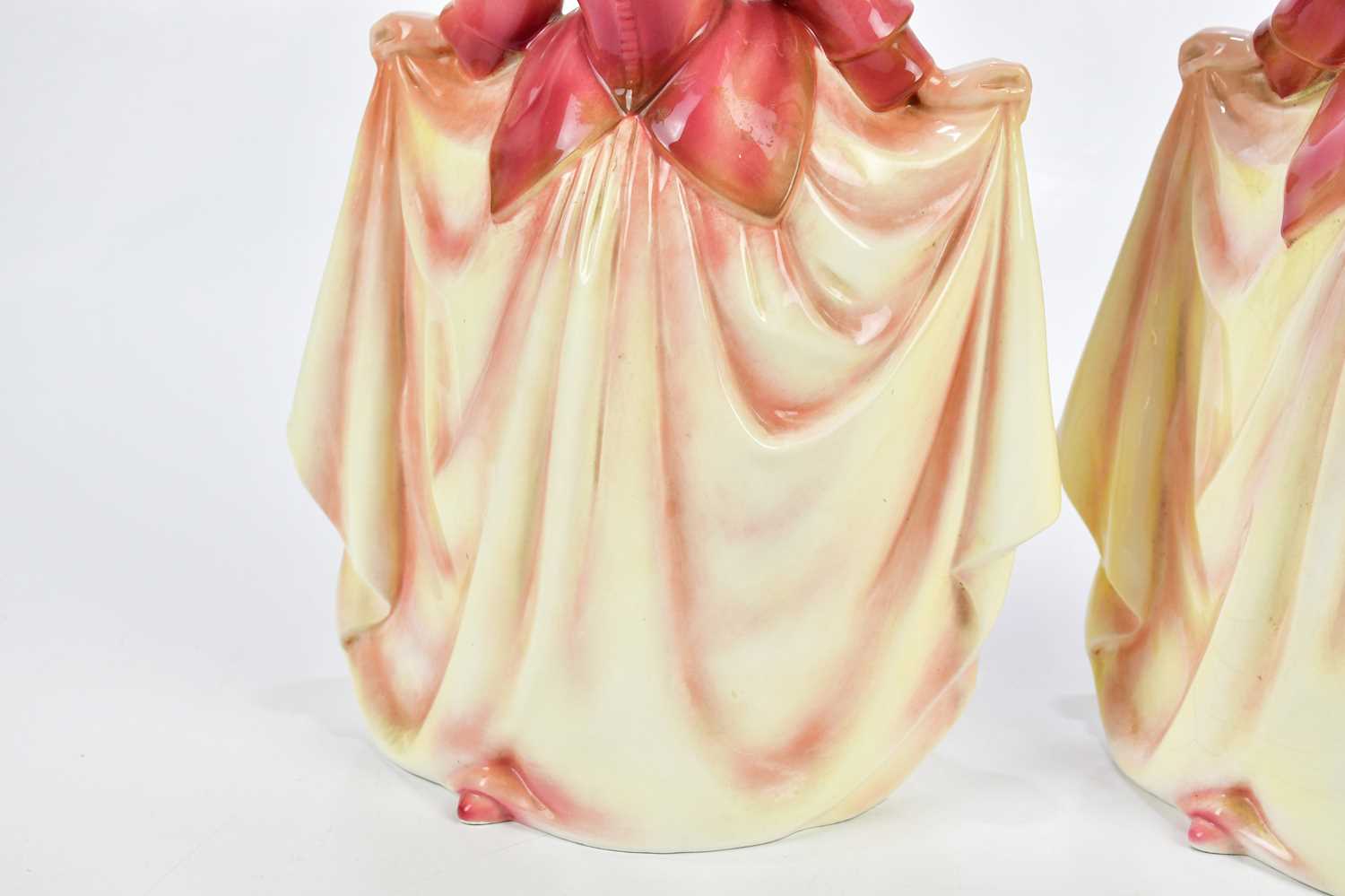 KATZHUTTE; two Art Deco ceramic figures depicting a maiden wearing a bonnet with flowing dress, - Image 3 of 7