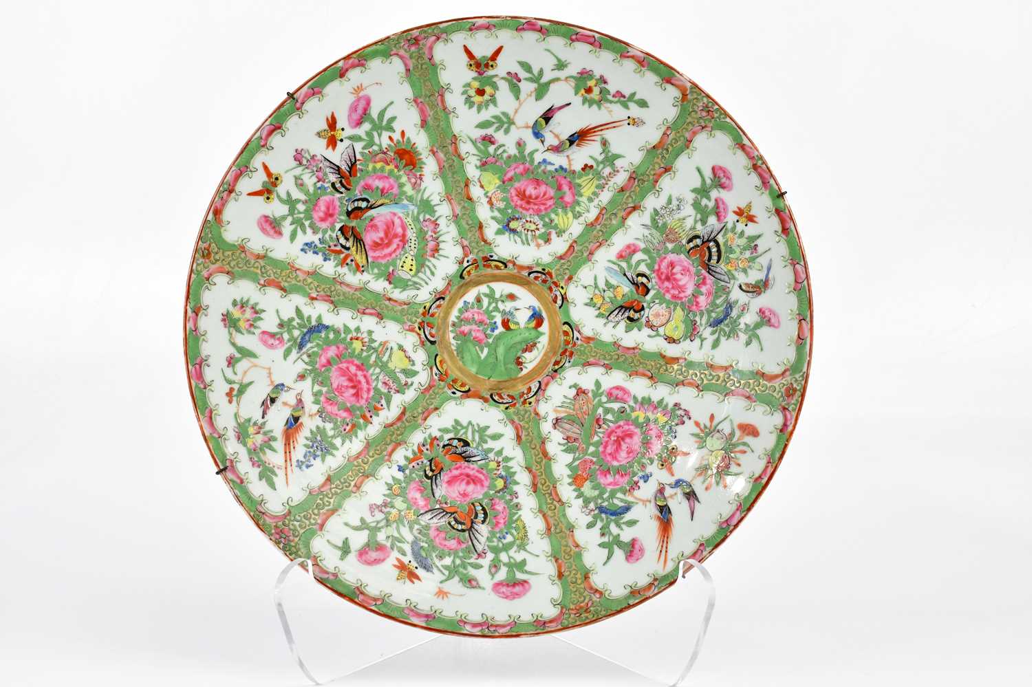 A 19th century Famille Rose wall charger decorated with birds and butterflies, diameter 41cm.