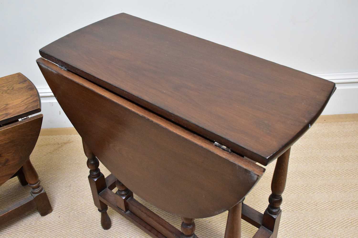 A reproduction oak drop-leaf gateleg dining table, height 68cm, and a modern oak drop-leaf coffee - Image 3 of 3