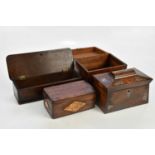 A Victorian rosewood tea caddy with mother of pearl inlaid decoration (lacking interior), a mahogany