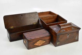 A Victorian rosewood tea caddy with mother of pearl inlaid decoration (lacking interior), a mahogany