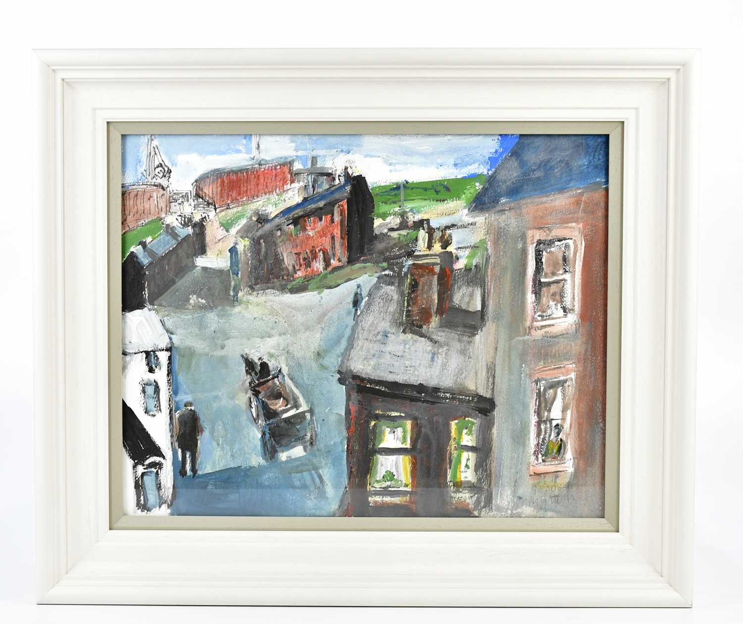 † JOHN THOMPSON (1924-2011); mixed media, figures in street scene, numbered G3084, signed, 40 x