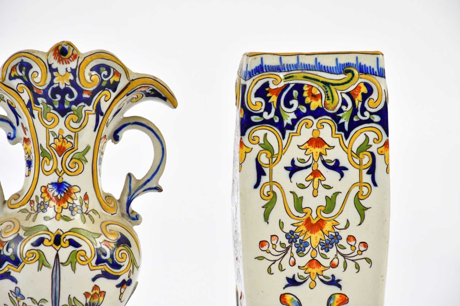 ROUEN; a pair of French faiance ware vases with moulded and painted floral detail, height 21cm, - Bild 3 aus 6