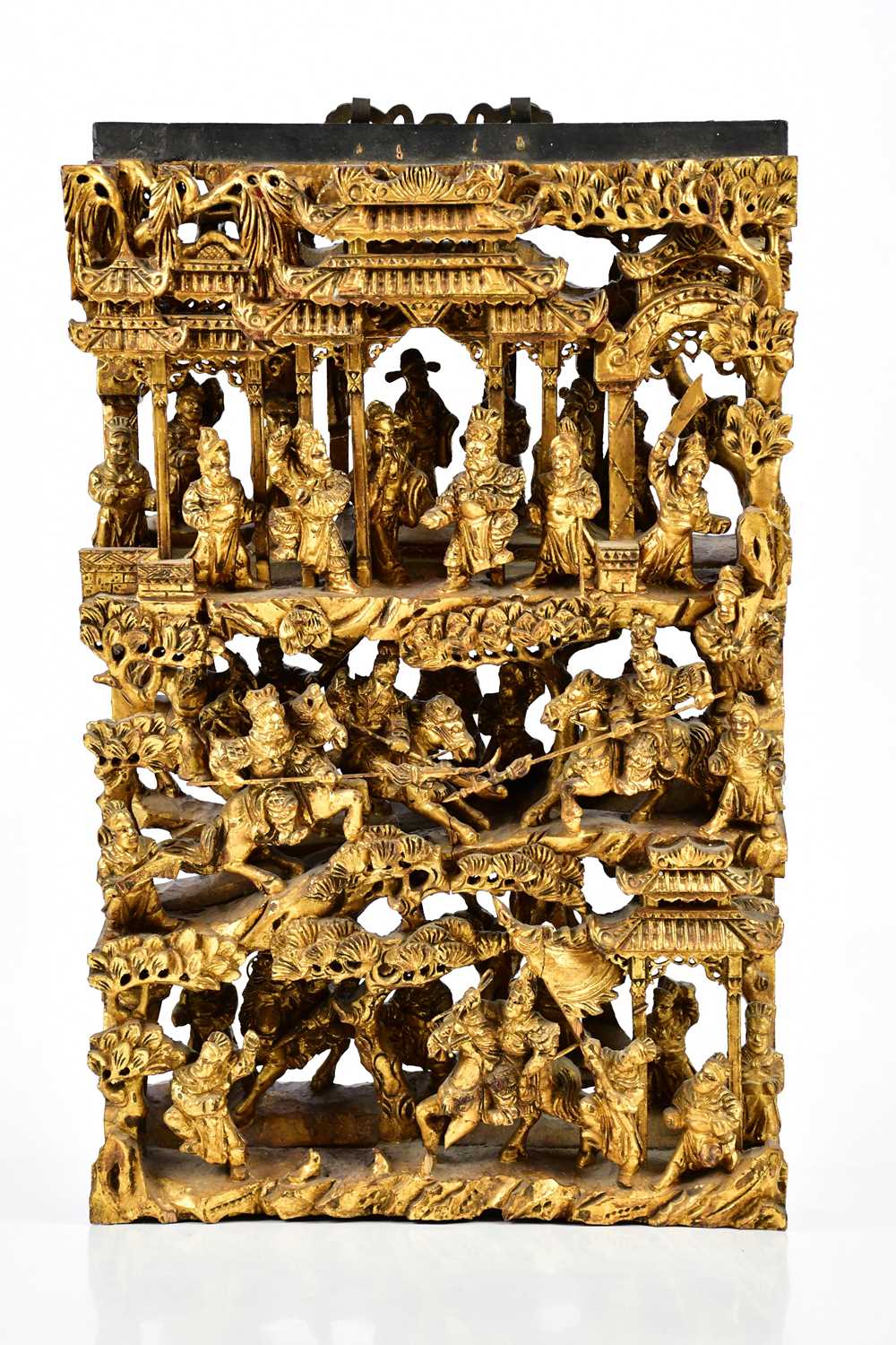 A Chinese giltwood hanging panel with carved battle scene and figures, 46 x 30cm. Condition