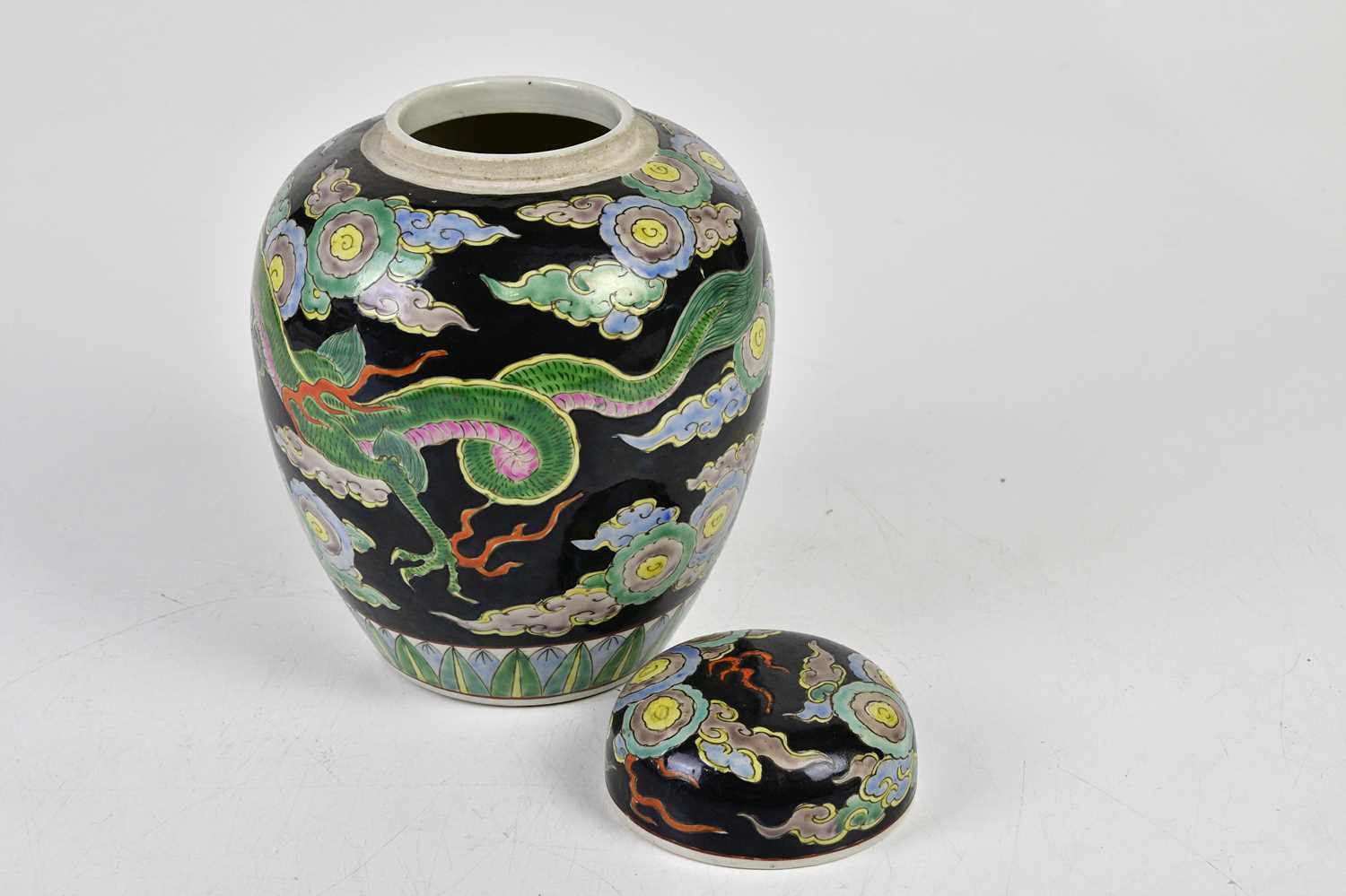 A Chinese Famille Noire ginger jar and cover, decorated with a three claw dragon, height 23cm and - Image 5 of 7