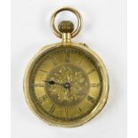 A Continental 18k gold fob watch, with Roman numeral and floral dial centre, gross weight 27g,