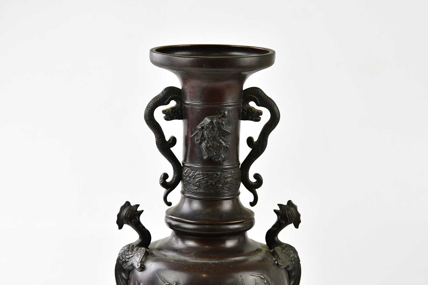 A large early 20th century Japanese bronze vase, with applied handles and crawling mythical - Image 6 of 8