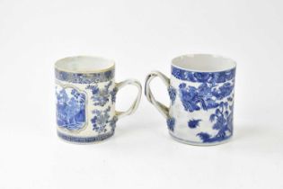 Two late 18th century large Chinese blue and white mugs, each with interwoven handles and