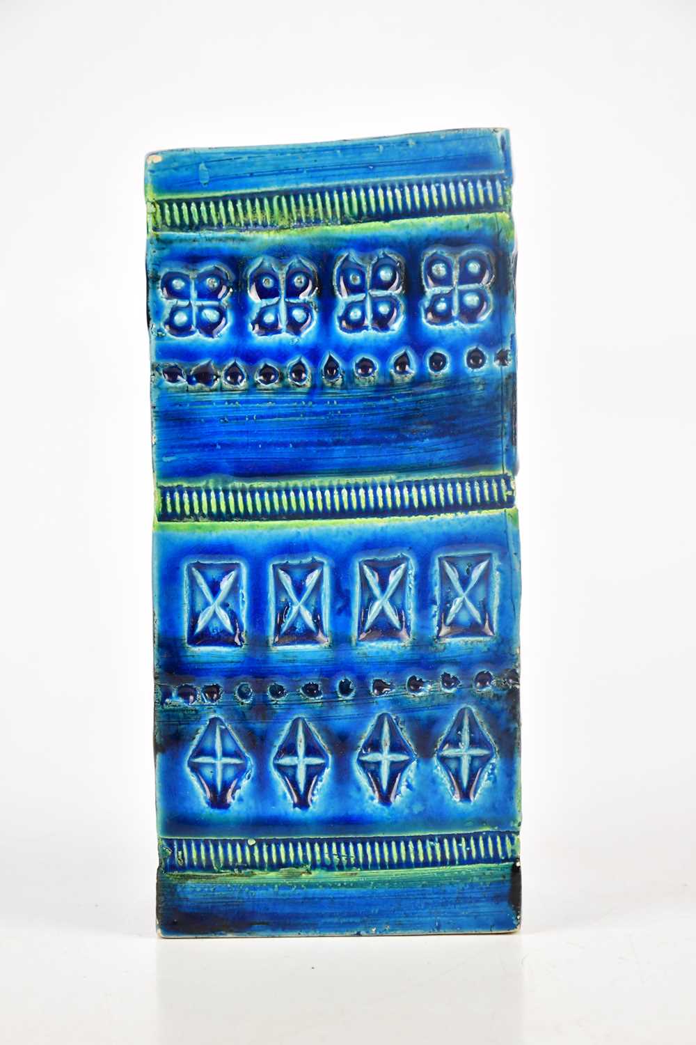 BITOSSI; an oblong vase, decorated with geometric motifs with a blue ground, height 18cm. - Image 2 of 5